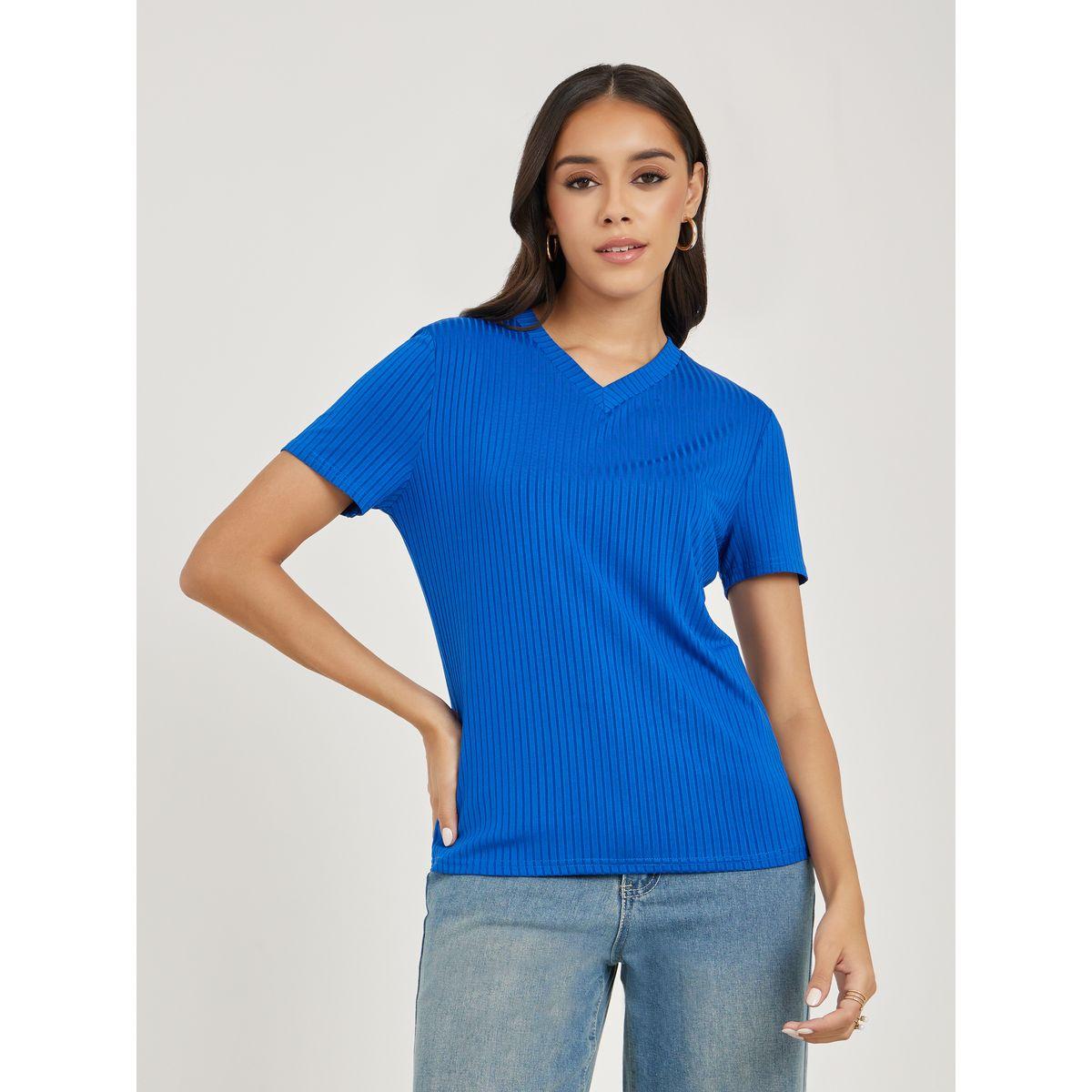 تيشيرت سادة مضلع باكمام قصيرة-women-clothing-tshirts-image-2