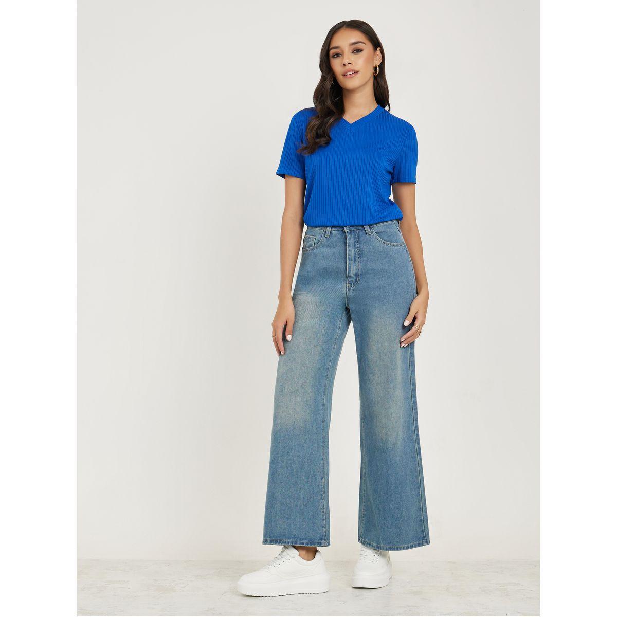 تيشيرت سادة مضلع باكمام قصيرة-women-clothing-tshirts-image-3