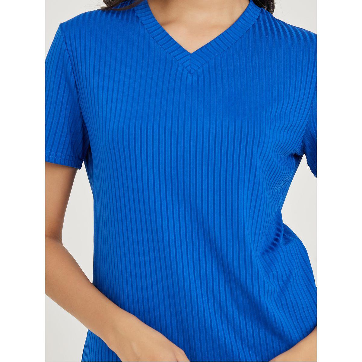 تيشيرت سادة مضلع باكمام قصيرة-women-clothing-tshirts-image-4