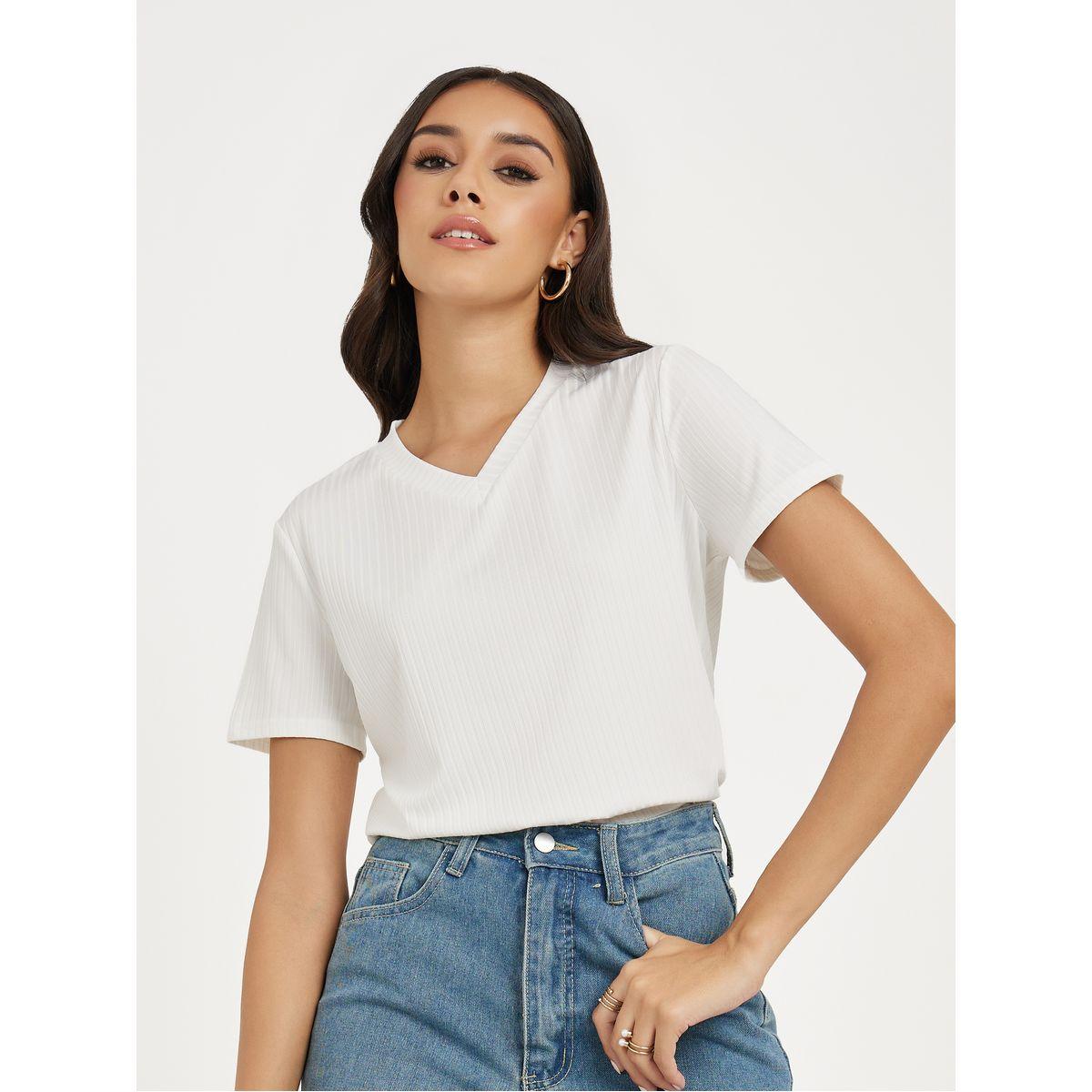 Styli Ribbed Regular Fit V Neck T-Shirt-women-clothing-tshirts-image-1