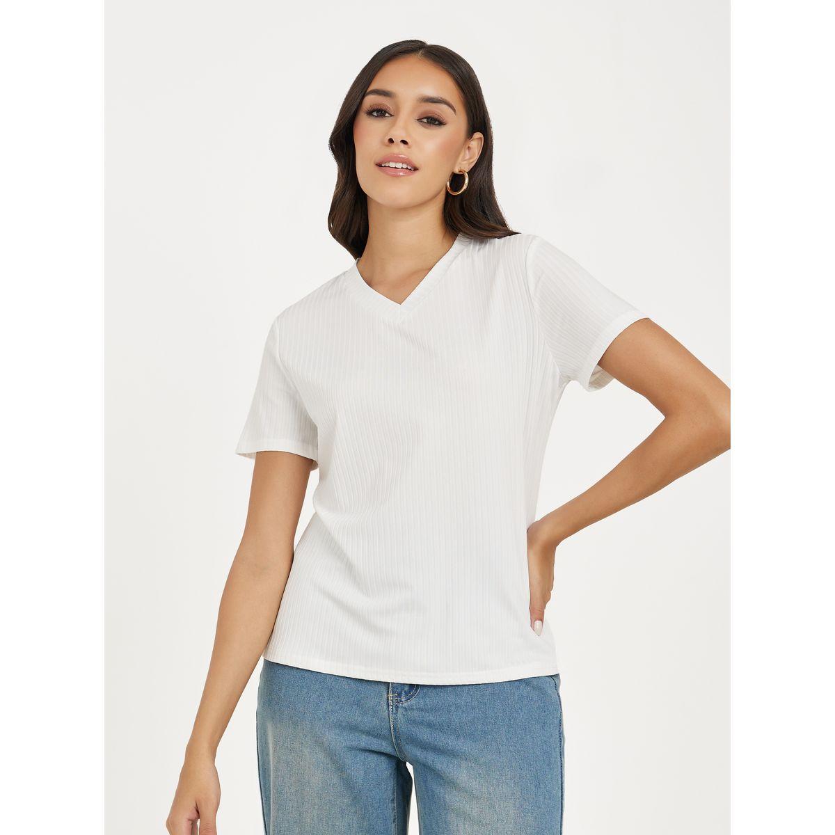 تيشيرت سادة مضلع باكمام قصيرة-women-clothing-tshirts-image-2