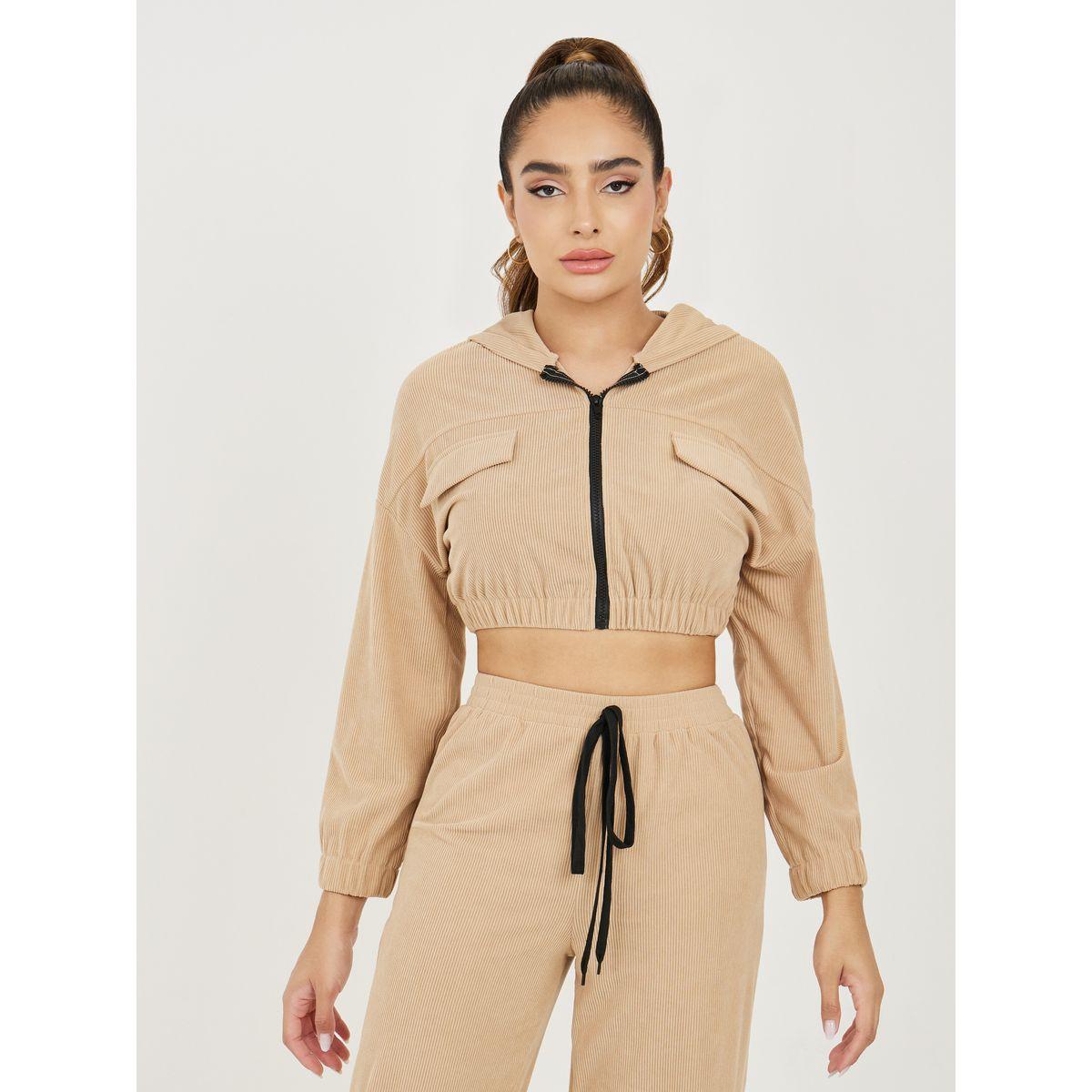 Styli Flap Pocket Contrast Zipper Up Jacket & Joggers Set-women-clothing-coordsets-image-4