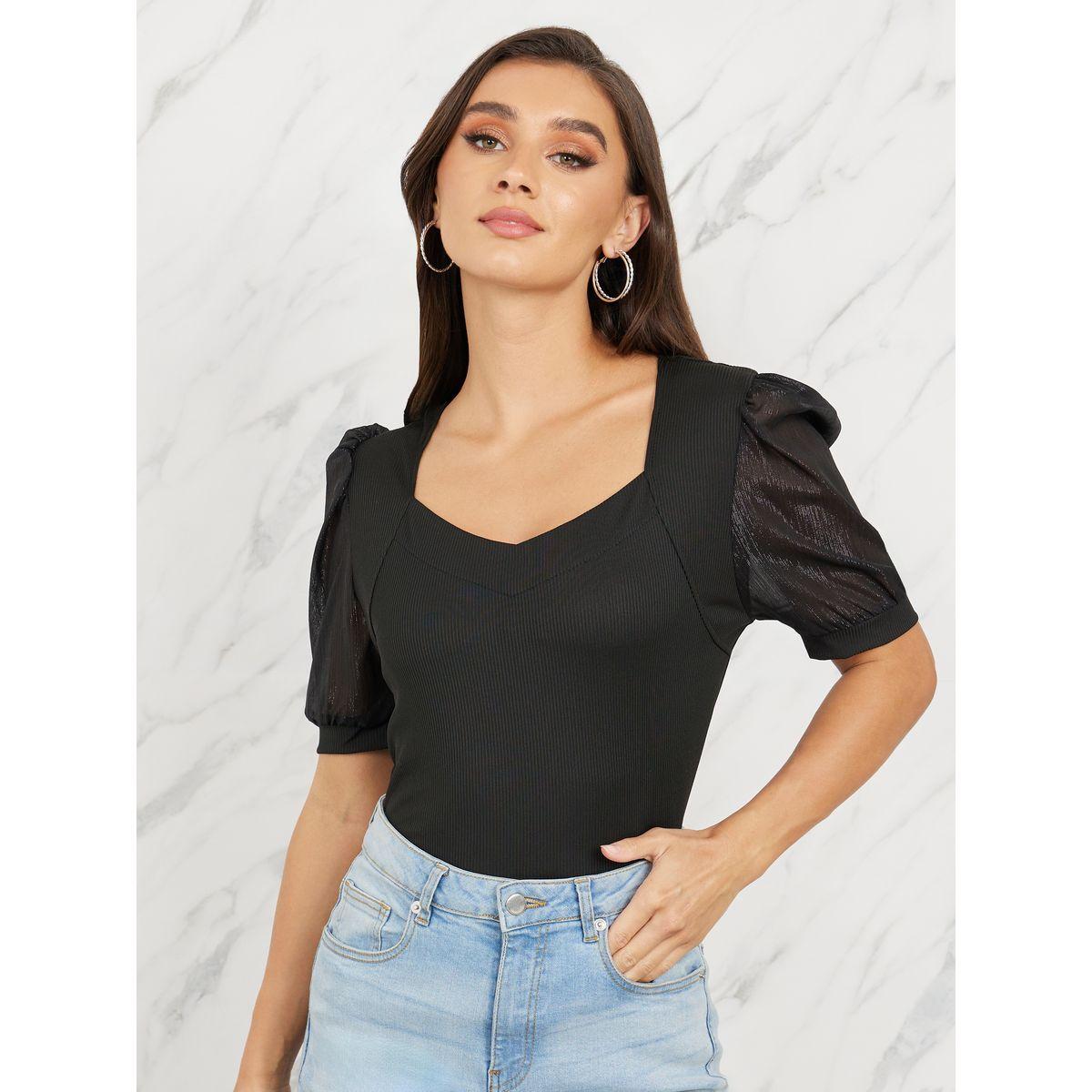Styli Shimmer Puff Sleeves Sweetheart Neck Knit Top-women-clothing-shirtsandblouses-blouses-image-1