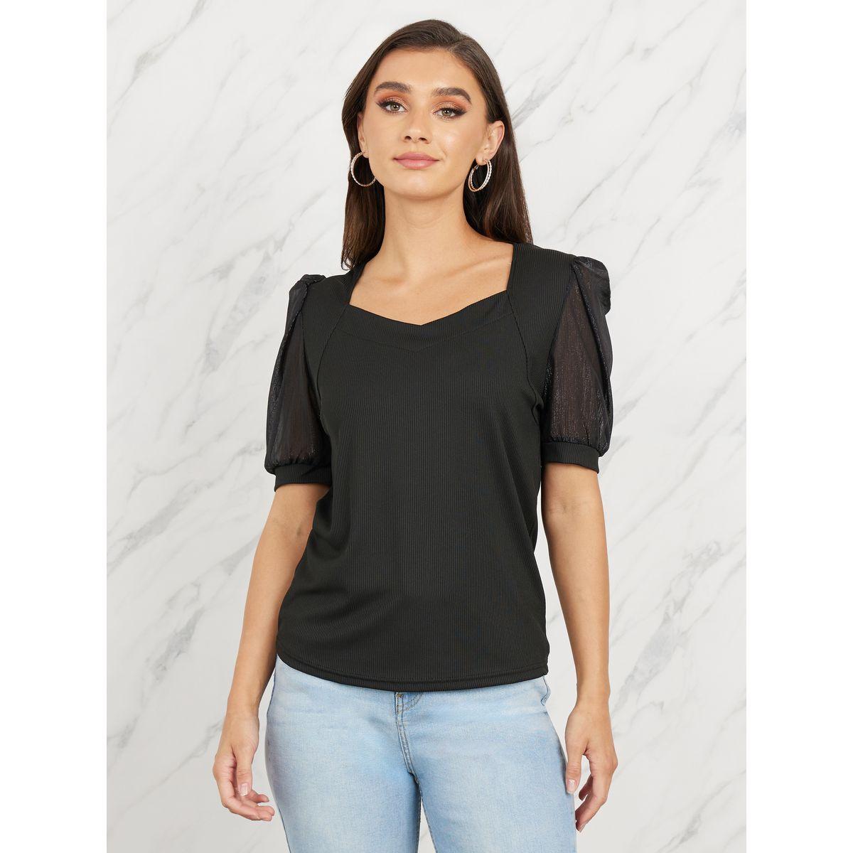 بلوزة محبوكة بياقة على شكل قلب واكمام منفوخة-women-clothing-shirtsandblouses-blouses-image-2