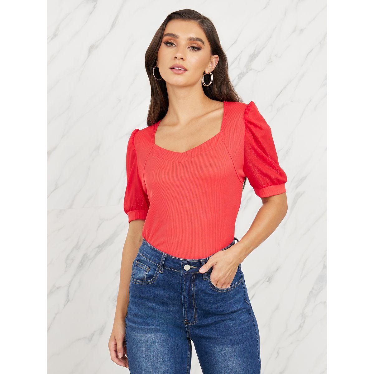 Styli Shimmer Puff Sleeves Sweetheart Neck Knit Top-women-clothing-shirtsandblouses-blouses-image-1
