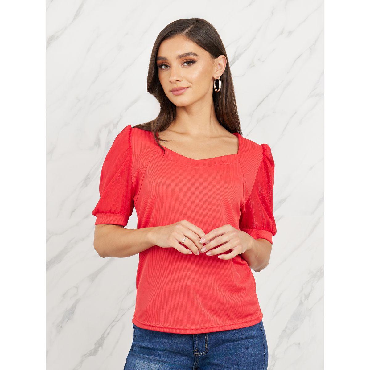 بلوزة محبوكة بياقة على شكل قلب واكمام منفوخة-women-clothing-shirtsandblouses-blouses-image-2