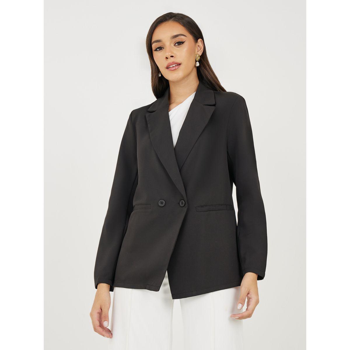 Styli Regular Fit Double Breasted Blazer with Pockets & Notch Lapel Neck-women-clothing-coatsandjackets-blazers-image-1
