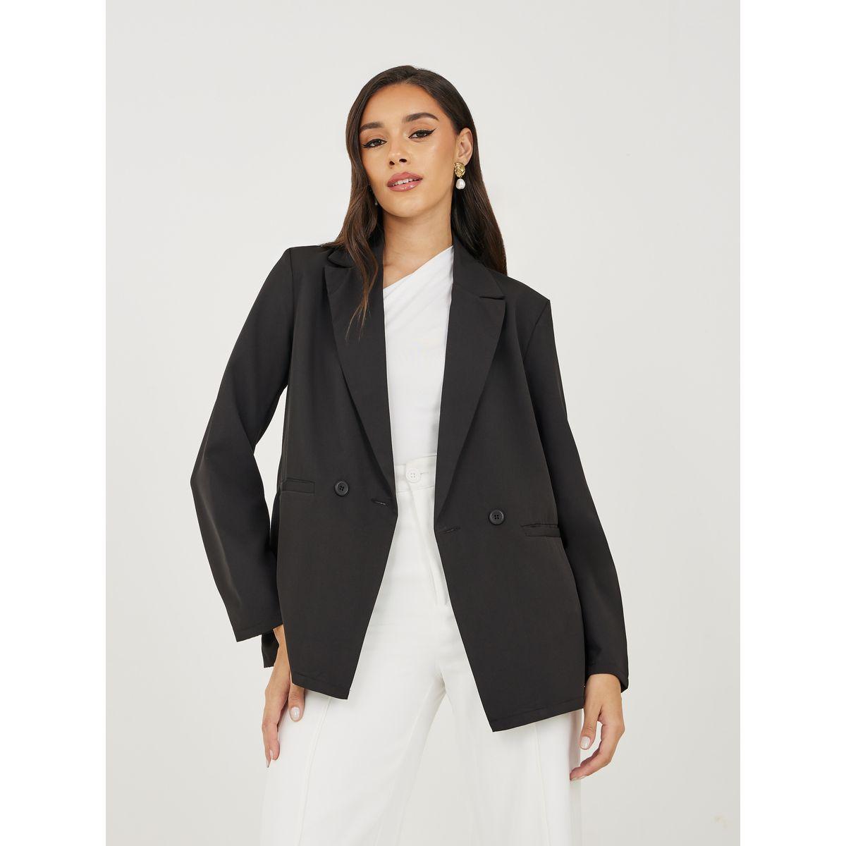 Styli Regular Fit Double Breasted Blazer with Pockets & Notch Lapel Neck-women-clothing-coatsandjackets-blazers-image-2