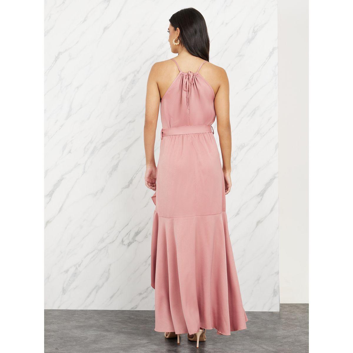 Styli Ruffle Asymmetric Hem Halter Neck Midi Dress with Self Tie Up-women-clothing-dresses-image-4