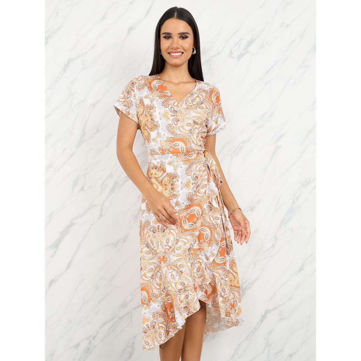 فستان ميدي بطبعة بوهيمية ونمط لف مع كشكش-women-clothing-dresses-image-2