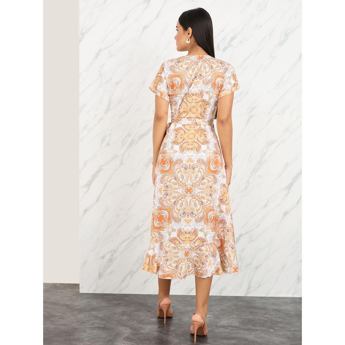 فستان ميدي بطبعة بوهيمية ونمط لف مع كشكش-women-clothing-dresses-image-4