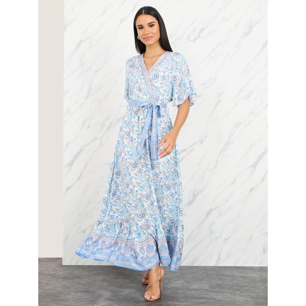 Styli Floral All Over Print V Neck Maxi Dress with Self Tie Up-women-clothing-dresses-image-1