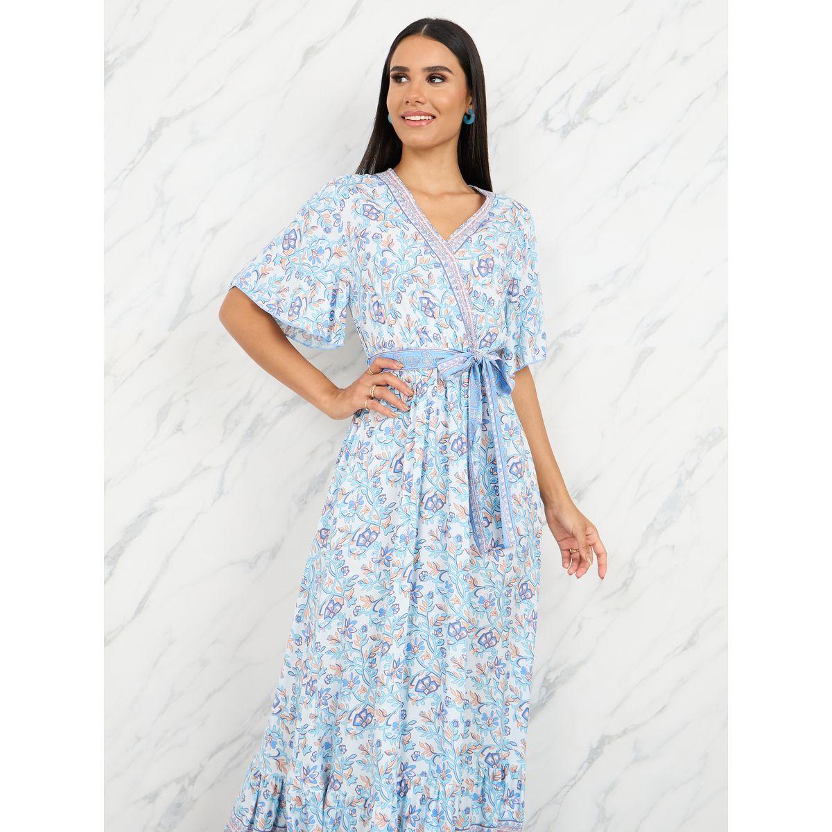 Styli Floral All Over Print V Neck Maxi Dress with Self Tie Up-women-clothing-dresses-image-2