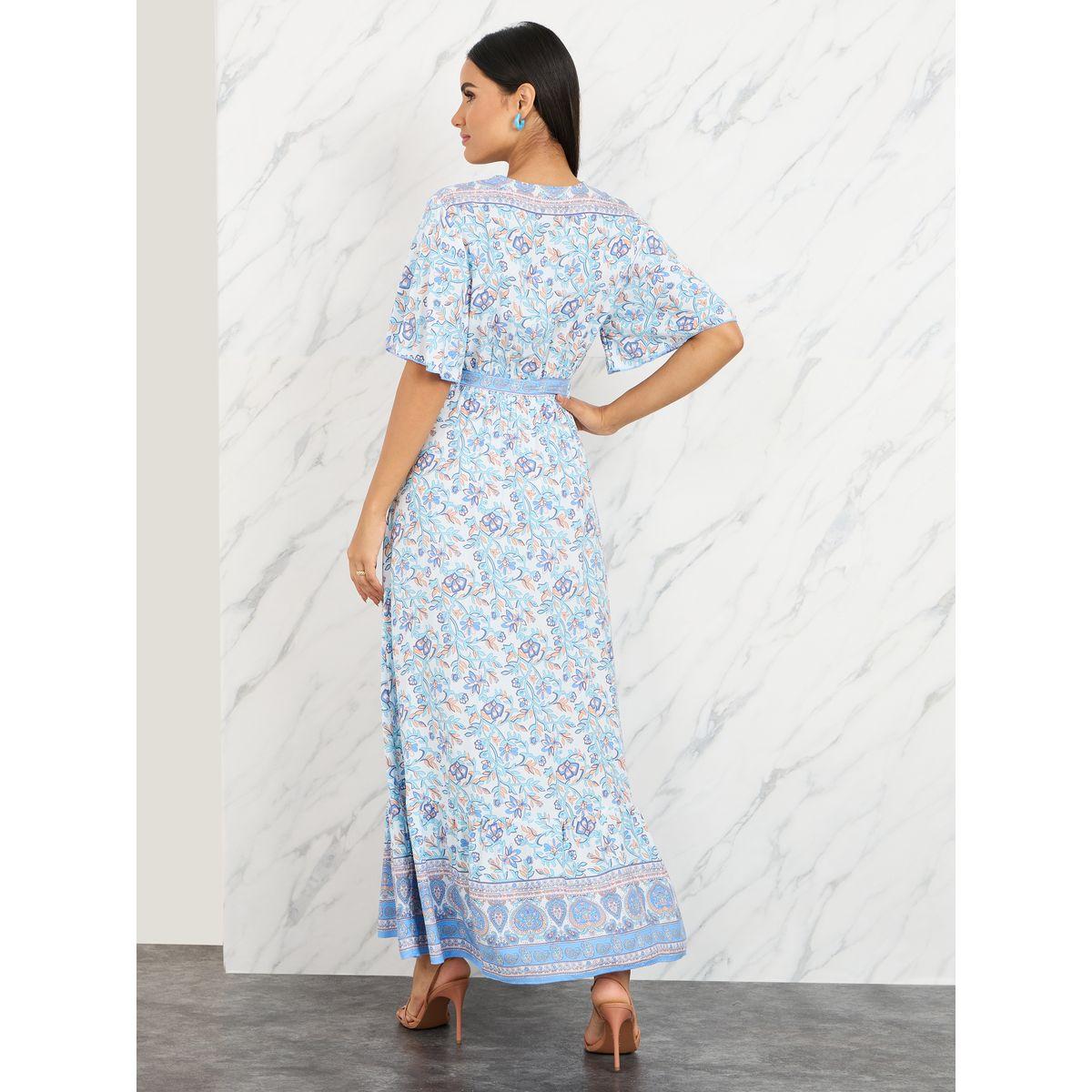 Styli Floral All Over Print V Neck Maxi Dress with Self Tie Up-women-clothing-dresses-image-4