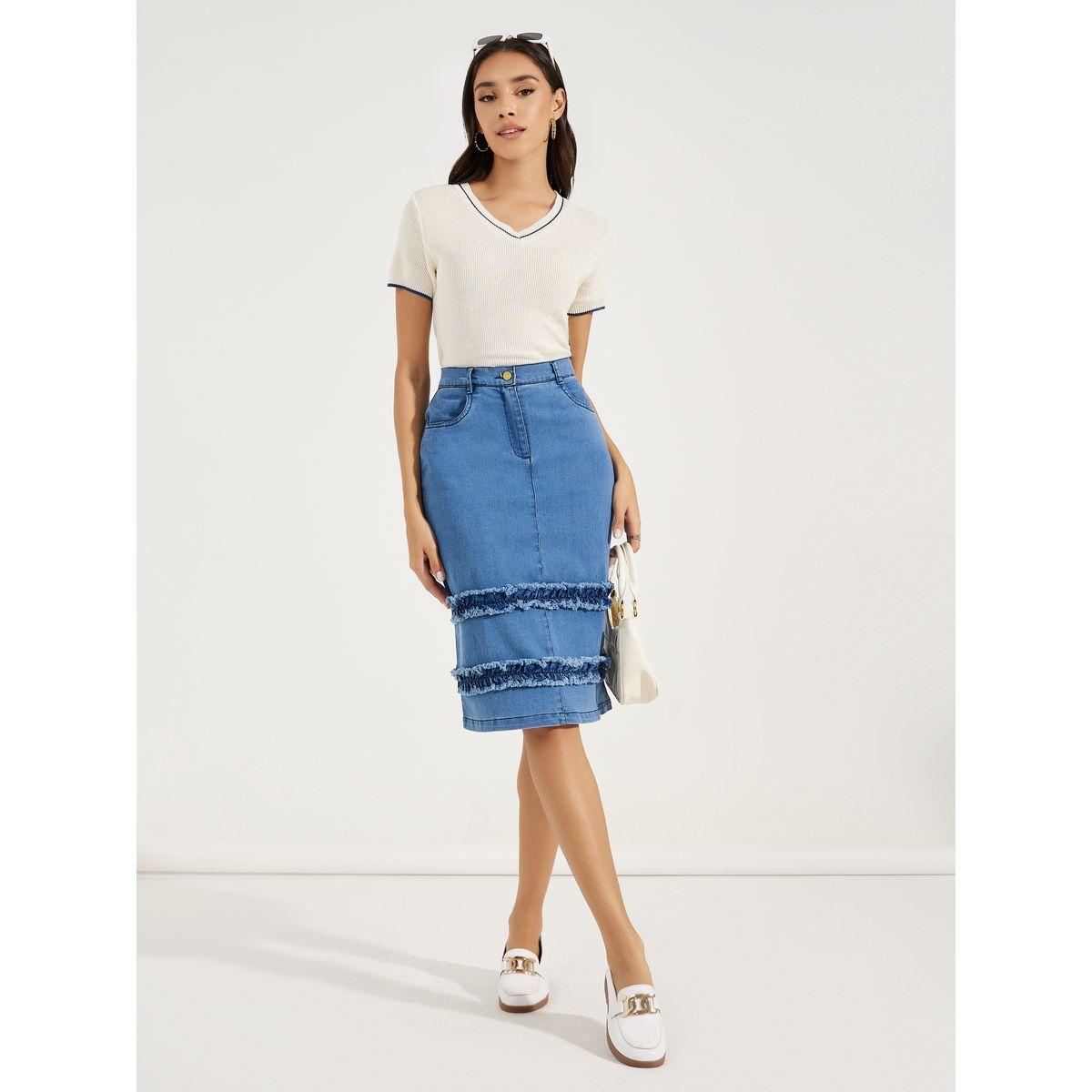 تنورة دنيم بطول الركبة وتفاصيل كشكش-women-clothing-bottoms-skirts-image-1