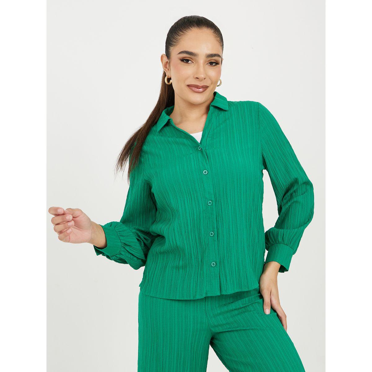 طقم منسق من بنطال بارجل مستقيمة مع بلوزة بارزة الملمس-women-clothing-coordsets-image-2