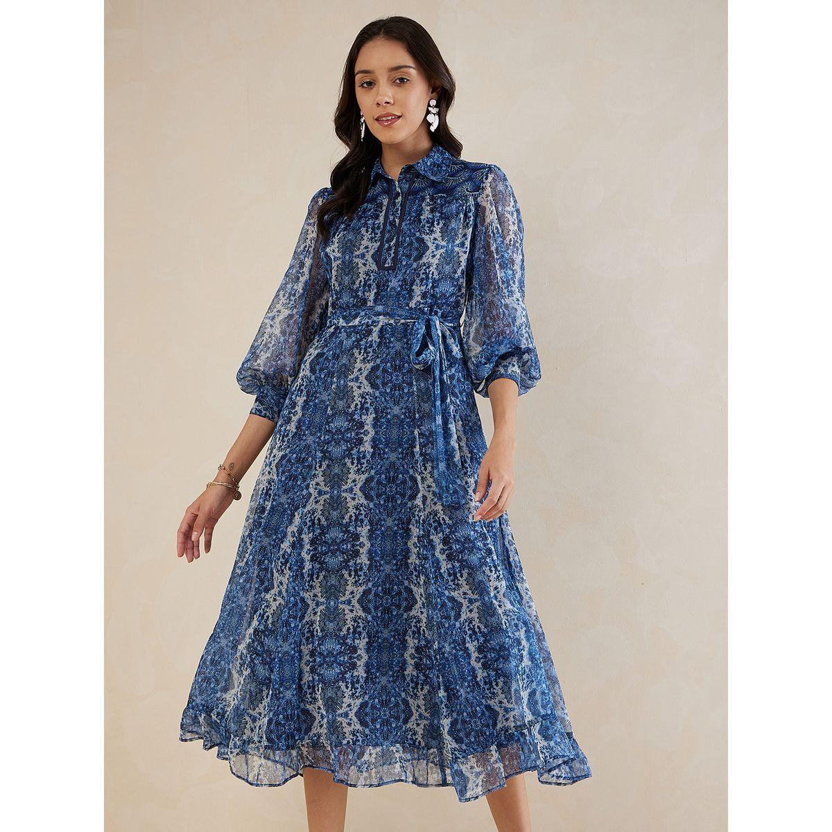 Femmella X Styli  Abstract Print Collared A-Line Midi Dress-women-clothing-dresses-image-1