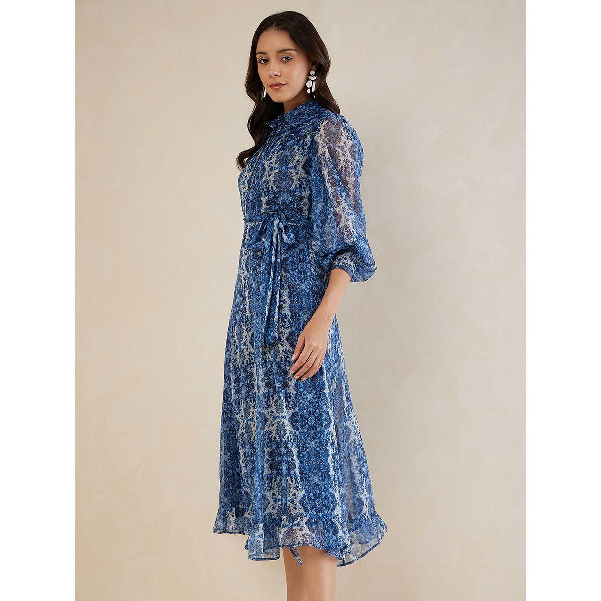 Femmella X Styli  Abstract Print Collared A-Line Midi Dress-women-clothing-dresses-image-2
