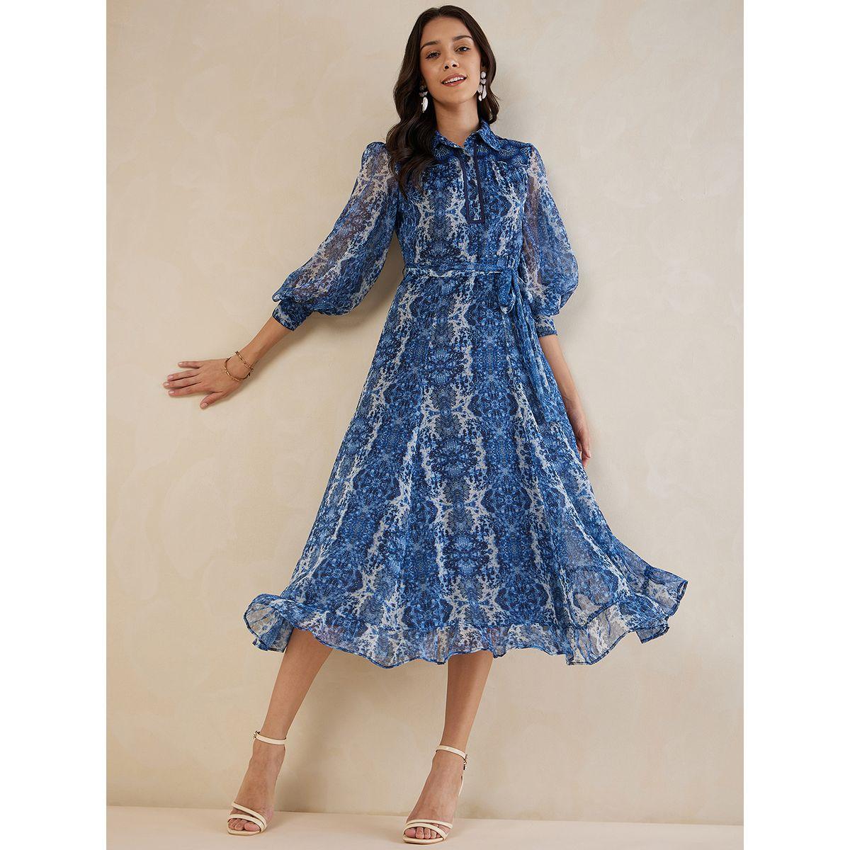 Femmella X Styli  Abstract Print Collared A-Line Midi Dress-women-clothing-dresses-image-4