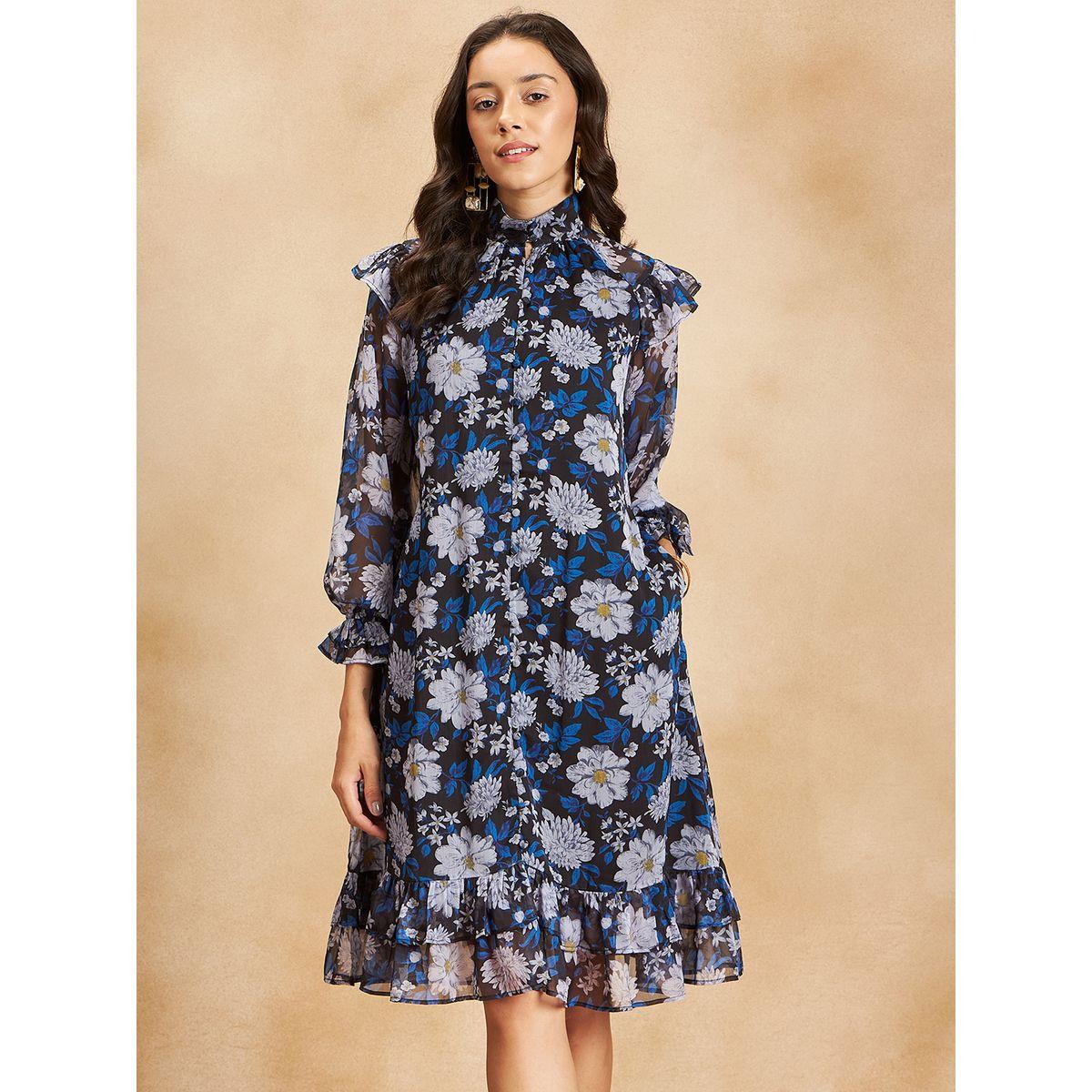 فستان ميدي مطبع بزهور مع ياقة عالية فِميلا × ستايلي-women-clothing-dresses-image-2