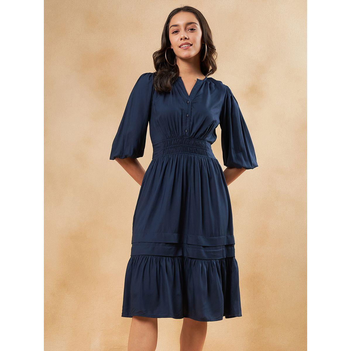 Femmella X Styli  Notch Neck Smocked Waist Detail Tiered Midi Dress-women-clothing-dresses-image-1