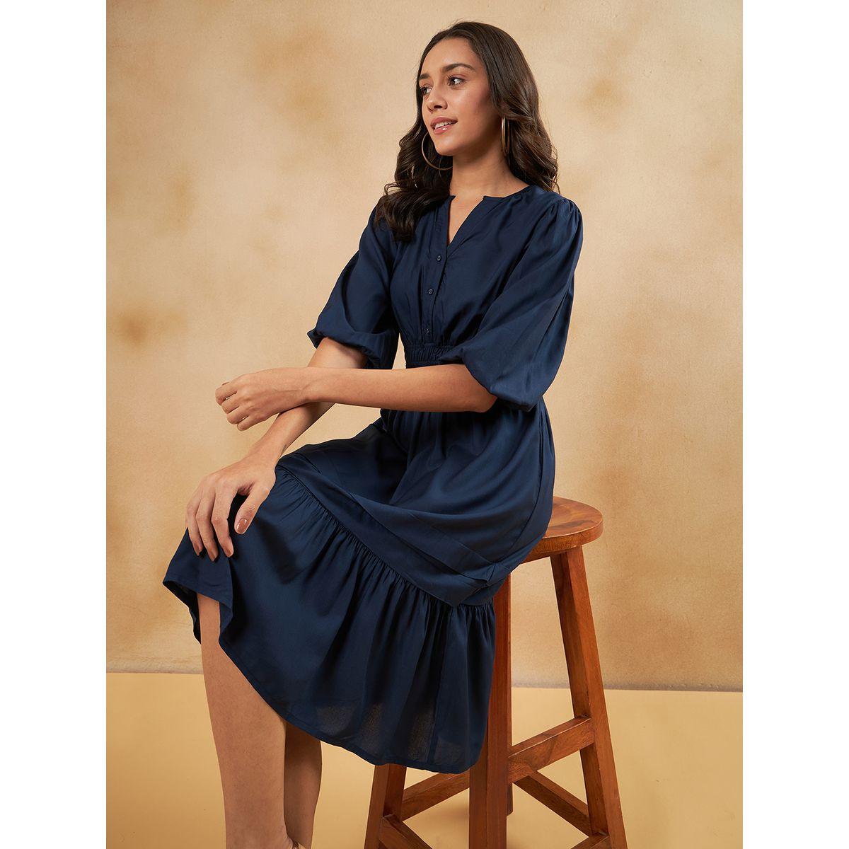 Femmella X Styli  Notch Neck Smocked Waist Detail Tiered Midi Dress-women-clothing-dresses-image-2