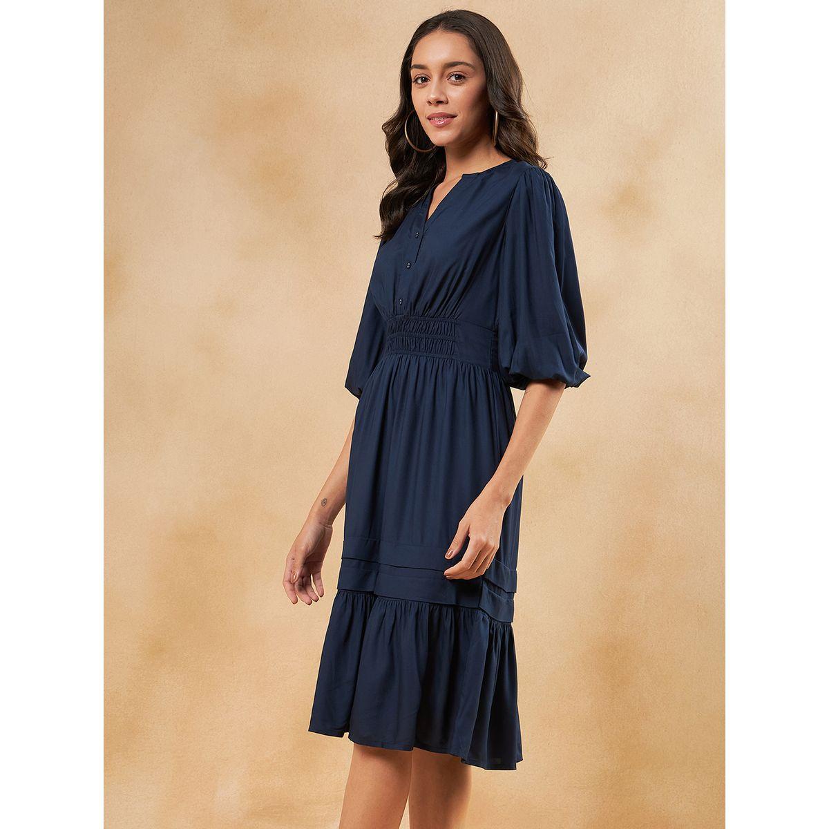 Femmella X Styli  Notch Neck Smocked Waist Detail Tiered Midi Dress-women-clothing-dresses-image-3