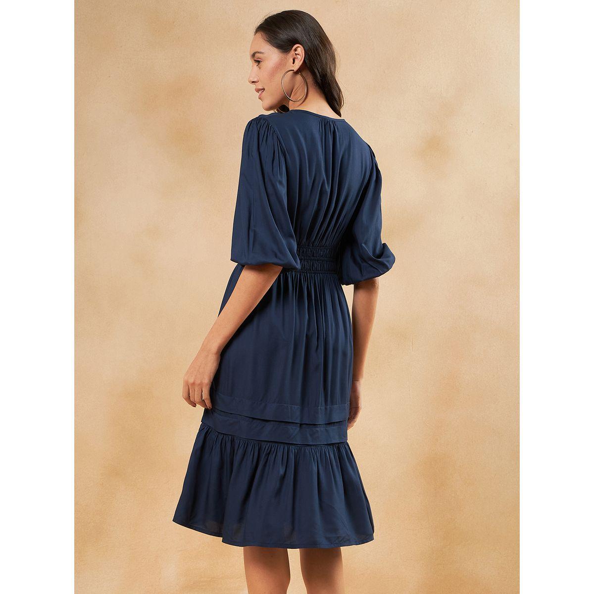 Femmella X Styli  Notch Neck Smocked Waist Detail Tiered Midi Dress-women-clothing-dresses-image-4