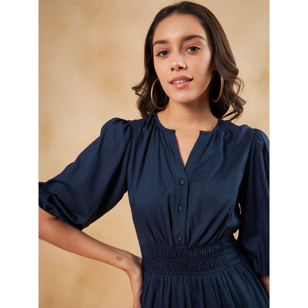 Femmella X Styli  Notch Neck Smocked Waist Detail Tiered Midi Dress-women-clothing-dresses-image-5