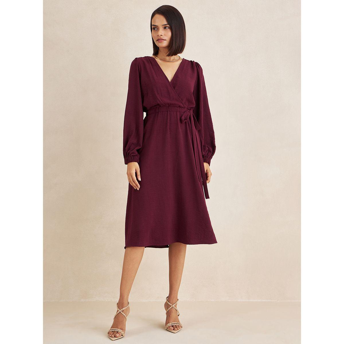 Femmella X Styli  Textured Self Tie Up Wrap Midi Dress-women-clothing-dresses-image-1