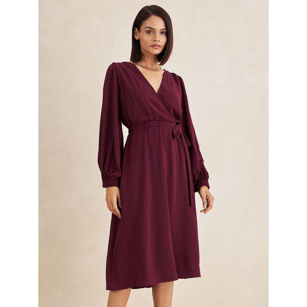 Femmella X Styli  Textured Self Tie Up Wrap Midi Dress-women-clothing-dresses-image-2