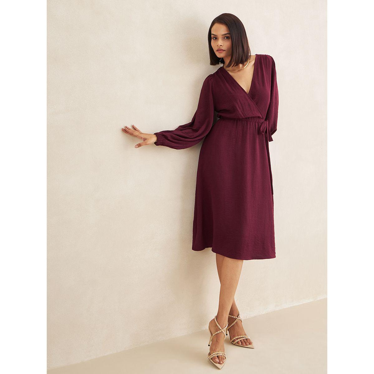 Femmella X Styli  Textured Self Tie Up Wrap Midi Dress-women-clothing-dresses-image-6