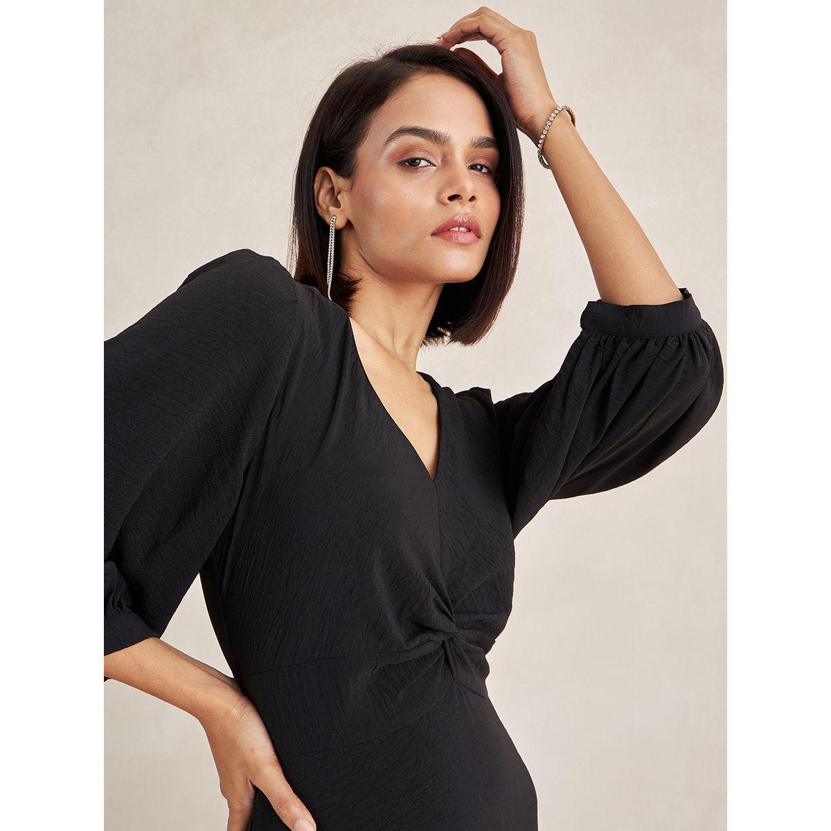 Femmella X Styli  Front Twisted Long Sleeves A-Line Maxi Dress-women-clothing-dresses-image-3
