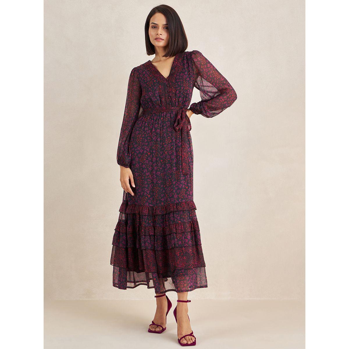 فستان طويل مطبع بزهور ومزين بكشكش فِميلا × ستايلي-women-clothing-dresses-image-1