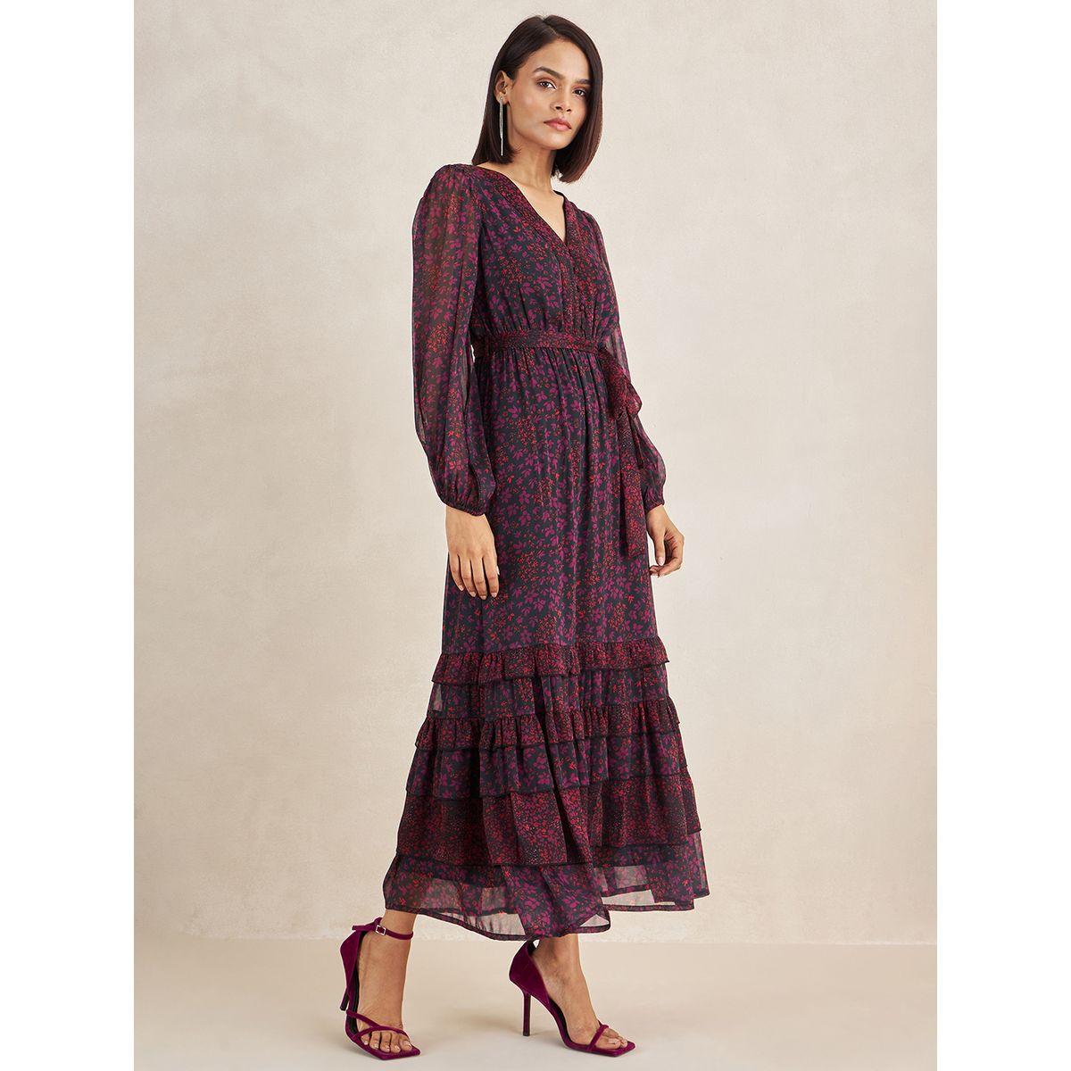 فستان طويل مطبع بزهور ومزين بكشكش فِميلا × ستايلي-women-clothing-dresses-image-2