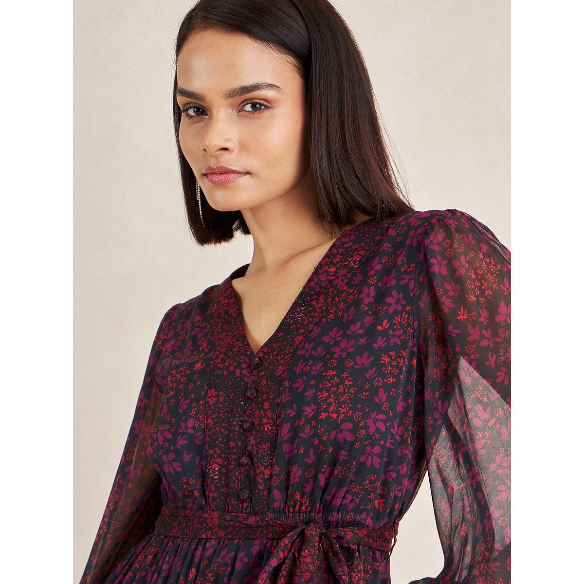 فستان طويل مطبع بزهور ومزين بكشكش فِميلا × ستايلي-women-clothing-dresses-image-3