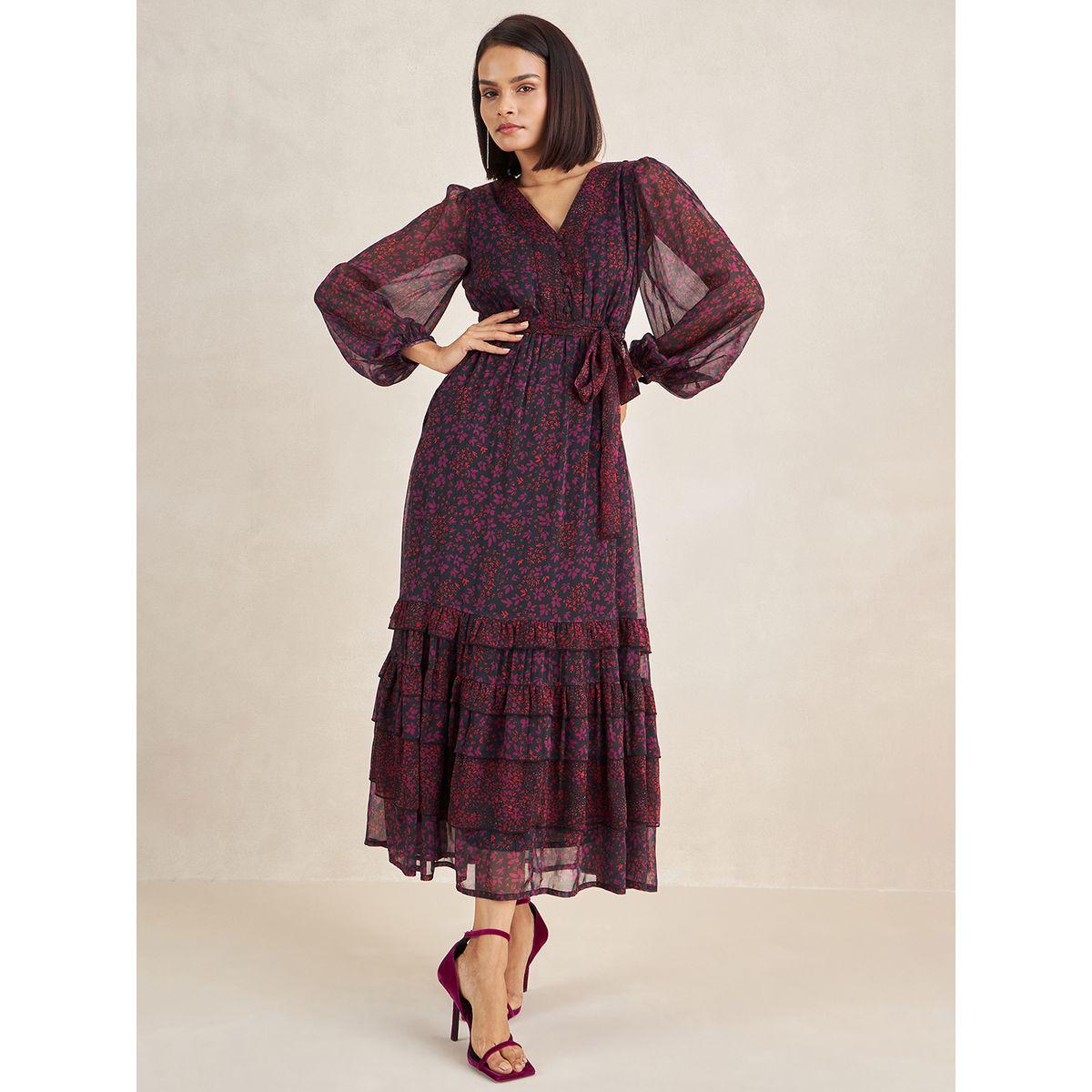 فستان طويل مطبع بزهور ومزين بكشكش فِميلا × ستايلي-women-clothing-dresses-image-5