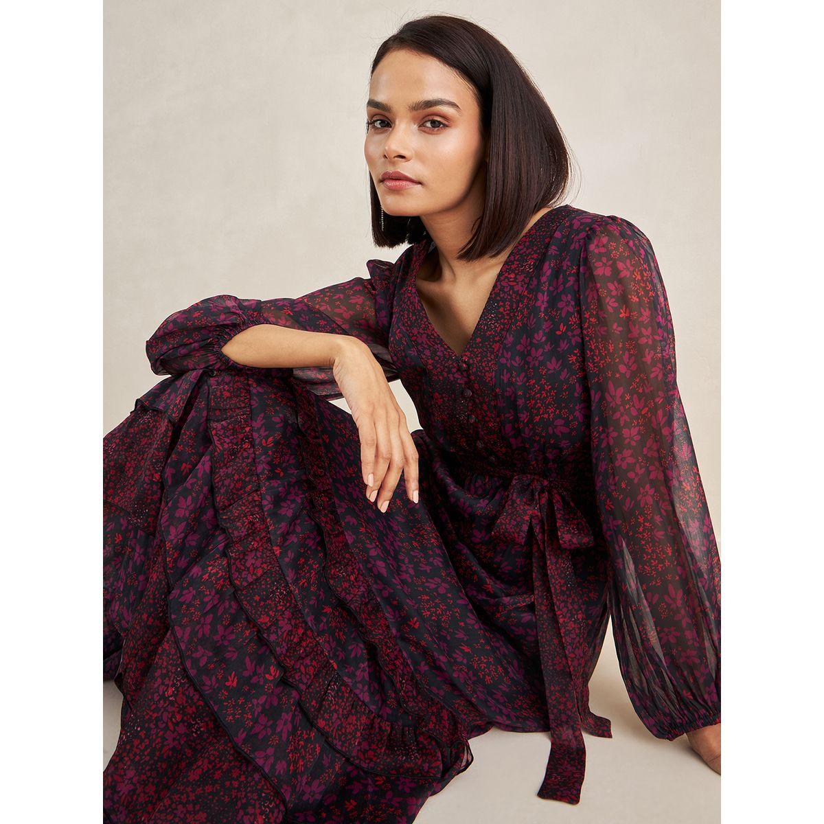 فستان طويل مطبع بزهور ومزين بكشكش فِميلا × ستايلي-women-clothing-dresses-image-6