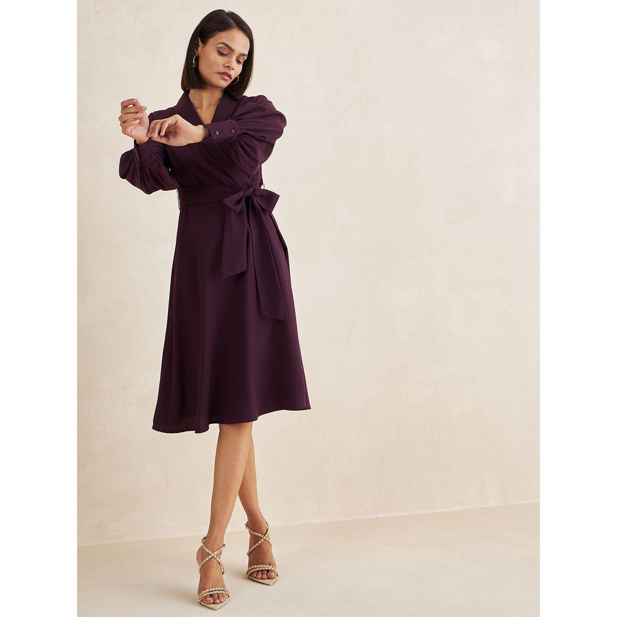 Femmella X Styli  Collared Self Tie Up A-Line Midi Dress-women-clothing-dresses-image-4