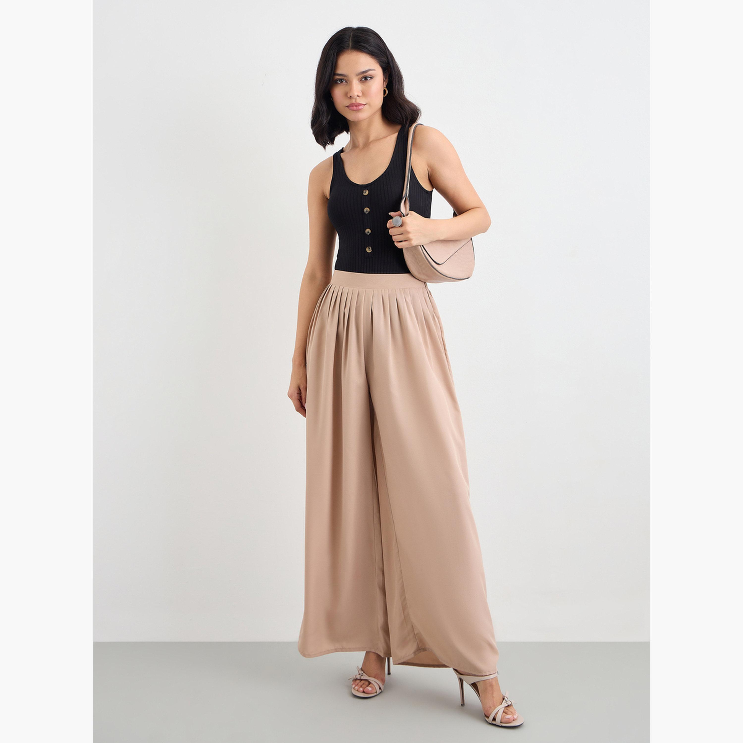 ستايلي - بنطال واسع الساق مع حزام خصر مطاطي نصفي-women-clothing-bottoms-trousers-image-2