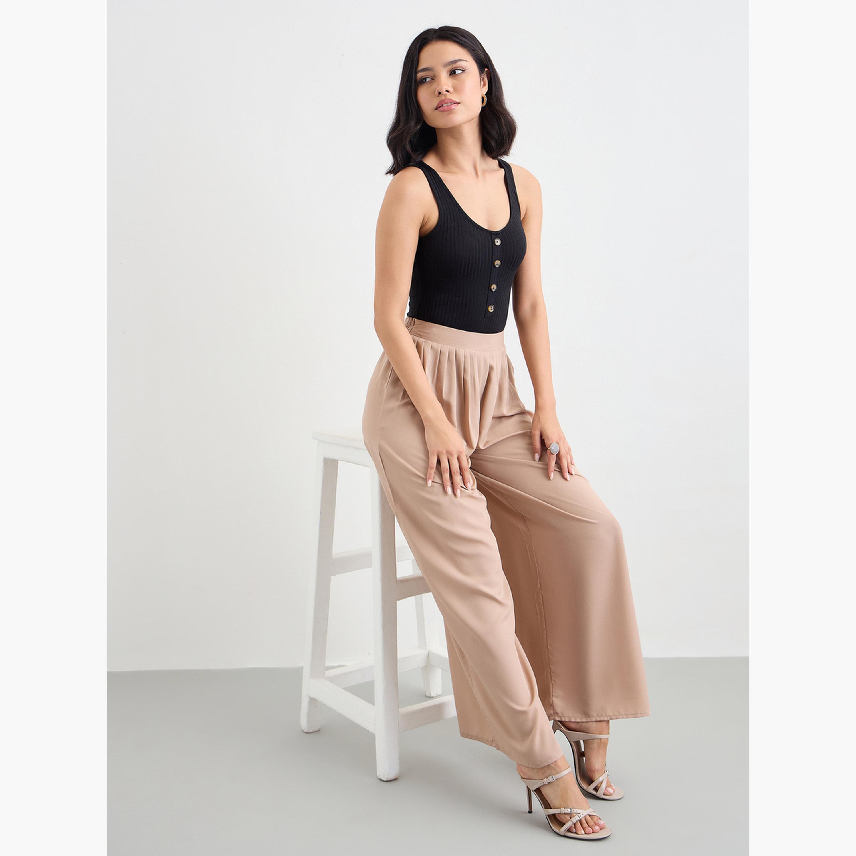 ستايلي - بنطال واسع الساق مع حزام خصر مطاطي نصفي-women-clothing-bottoms-trousers-image-3