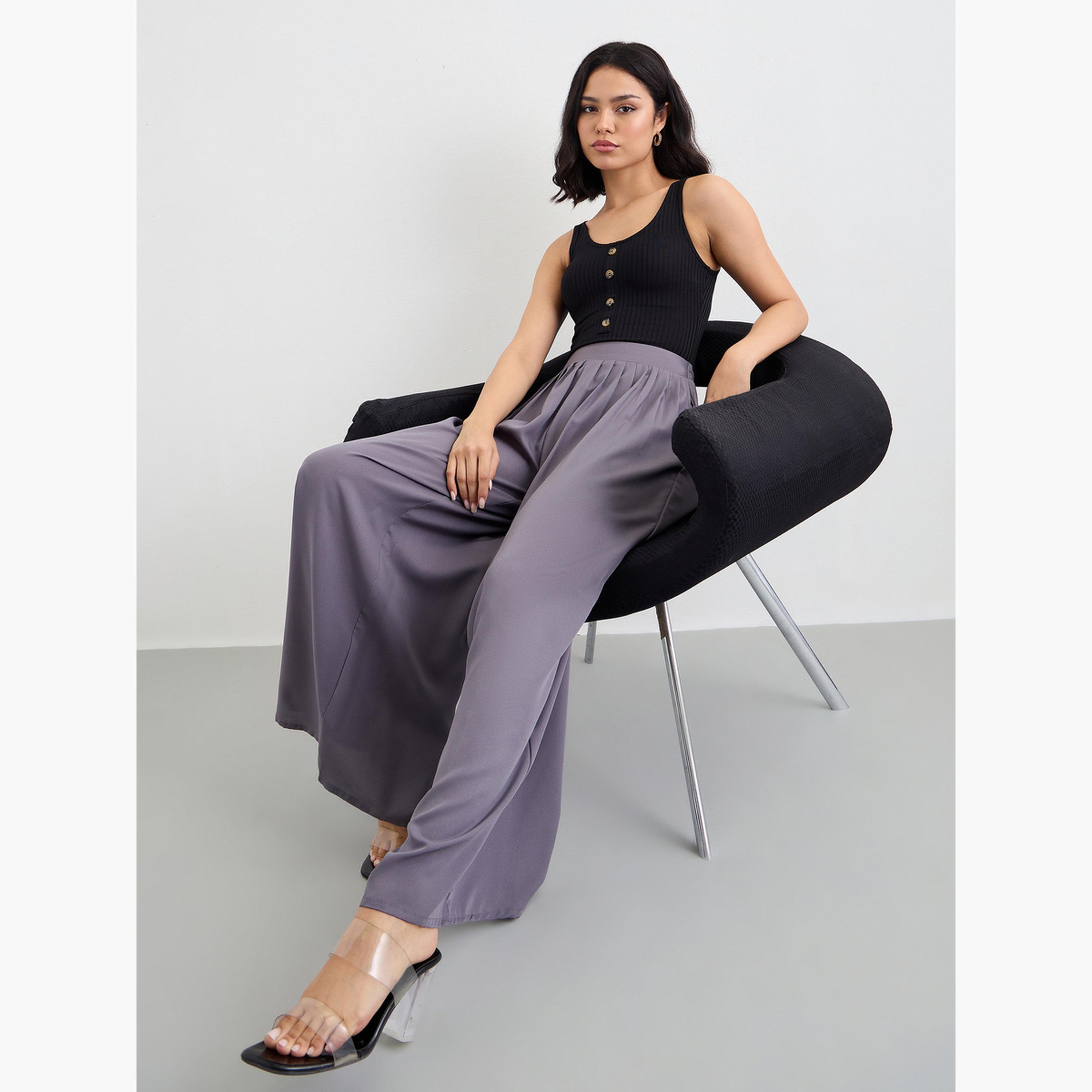 ستايلي - بنطال واسع الساق مع حزام خصر مطاطي نصفي-women-clothing-bottoms-trousers-image-3