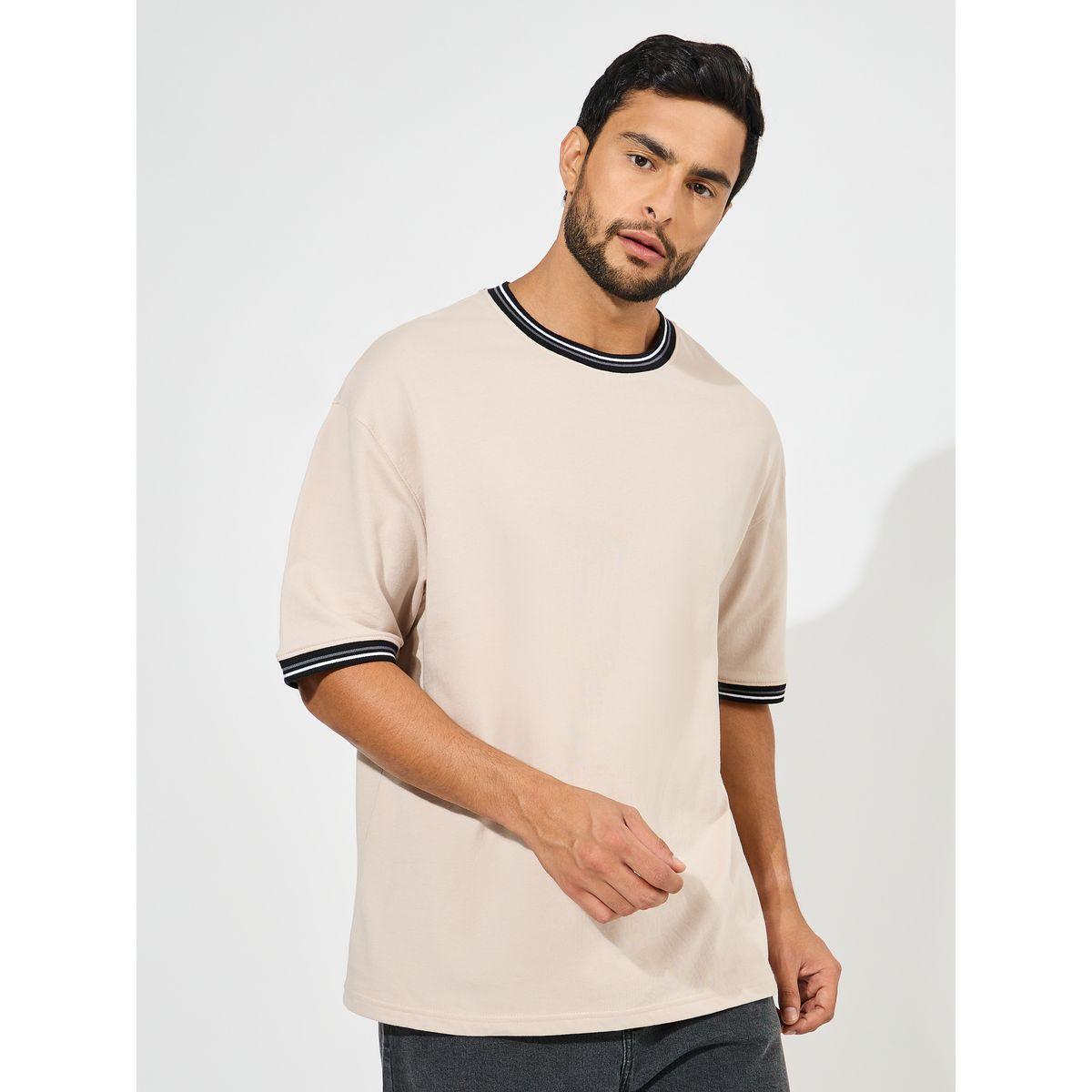 Styli Solid Cotton Terry Ringer T-Shirt with Contrast Rib Neck Detail-men-clothing-tshirtsandpolos-tshirts-image-1