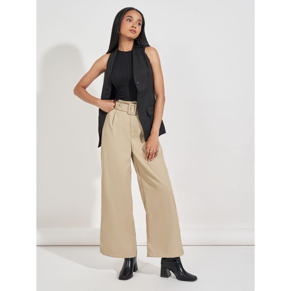 بنطال بنسيج تويل مع أرجل واسعة وحزام-women-clothing-bottoms-trousers-image-1