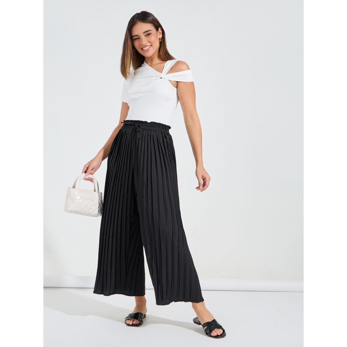 بنطال سادة بارجل واسعة وخصر بيبر باغ-women-clothing-bottoms-trousers-image-1