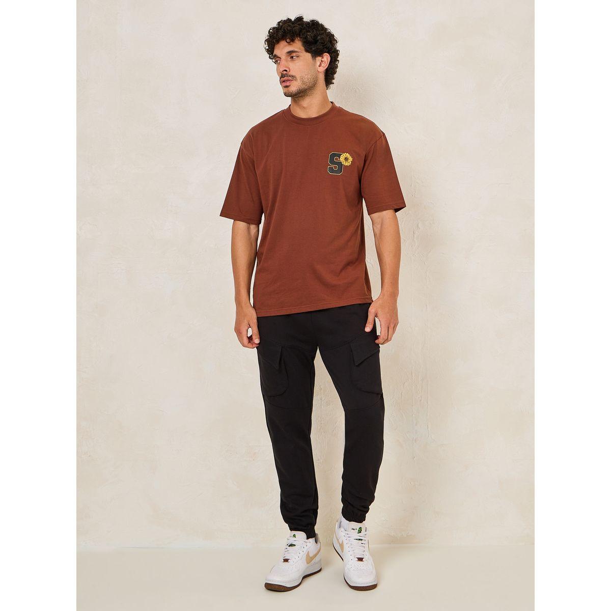 Styli Initial Print Oversized Cotton Rich T-Shirt with Mock Neck Detail-men-clothing-tshirtsandpolos-tshirts-image-2