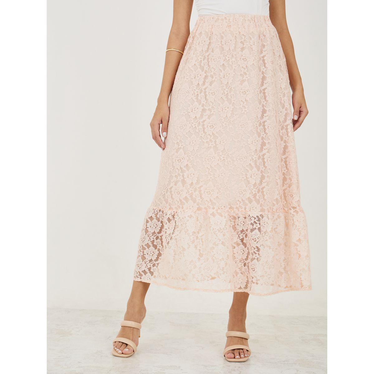 تنورة طويلة سادة بتفاصيل دانتيل-women-clothing-bottoms-skirts-image-1