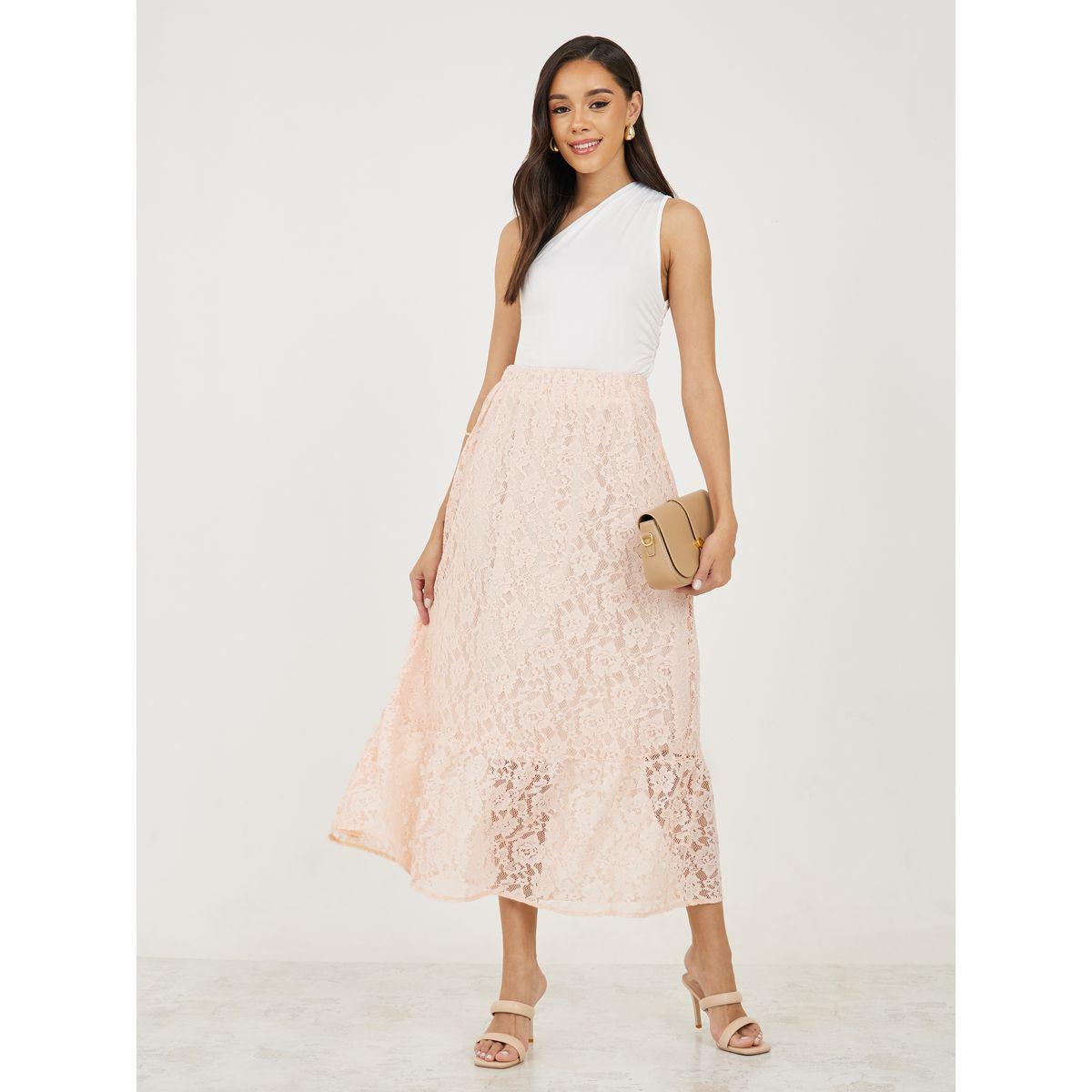 تنورة طويلة سادة بتفاصيل دانتيل-women-clothing-bottoms-skirts-image-2