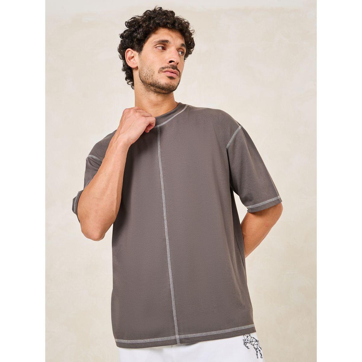 Styli Contrast Overlock Stitch Detail Oversized Cotton Rich T-Shirt-men-clothing-tshirtsandpolos-tshirts-image-1