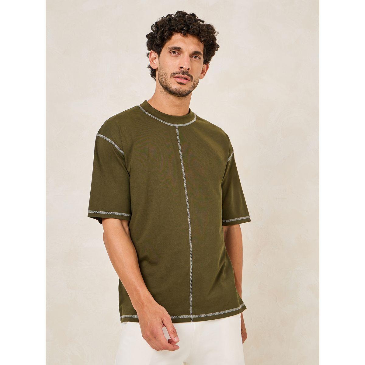 Styli Contrast Overlock Stitch Detail Oversized Cotton Rich T-Shirt-men-clothing-tshirtsandpolos-tshirts-image-1